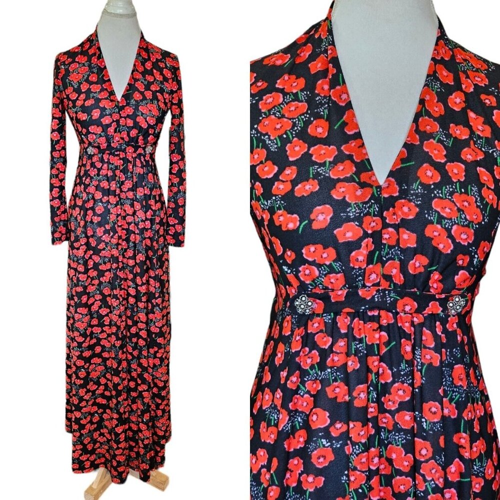 70s‎ Womens Maxi Dress Dark Floral Black Red Size 6 8 Longsleeve Polyester Retro